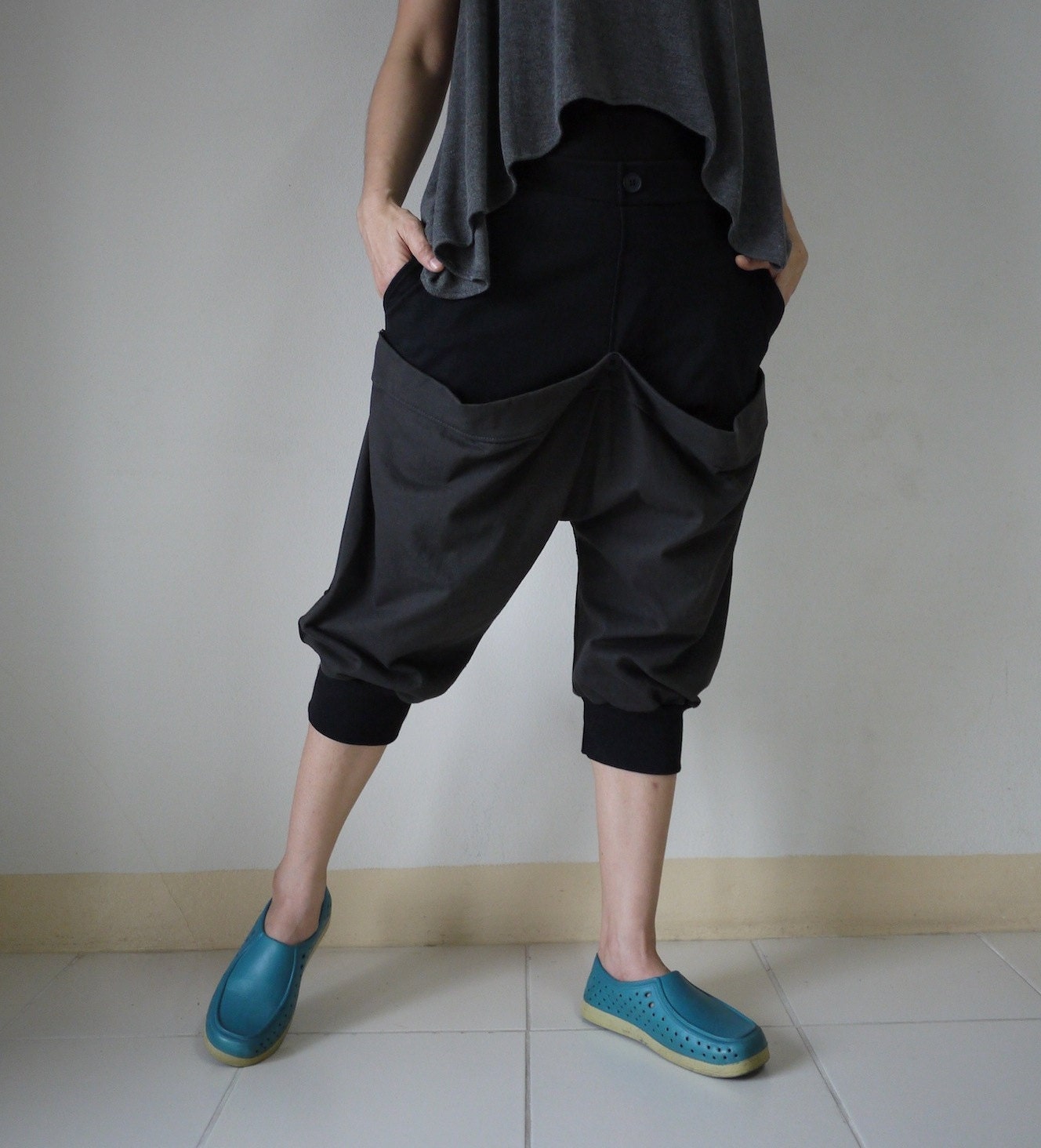 Unisex Pants - Drop Crotch Black & Dark Charcoal Stretch Cotton Pants With 2  Back Patch Pockets