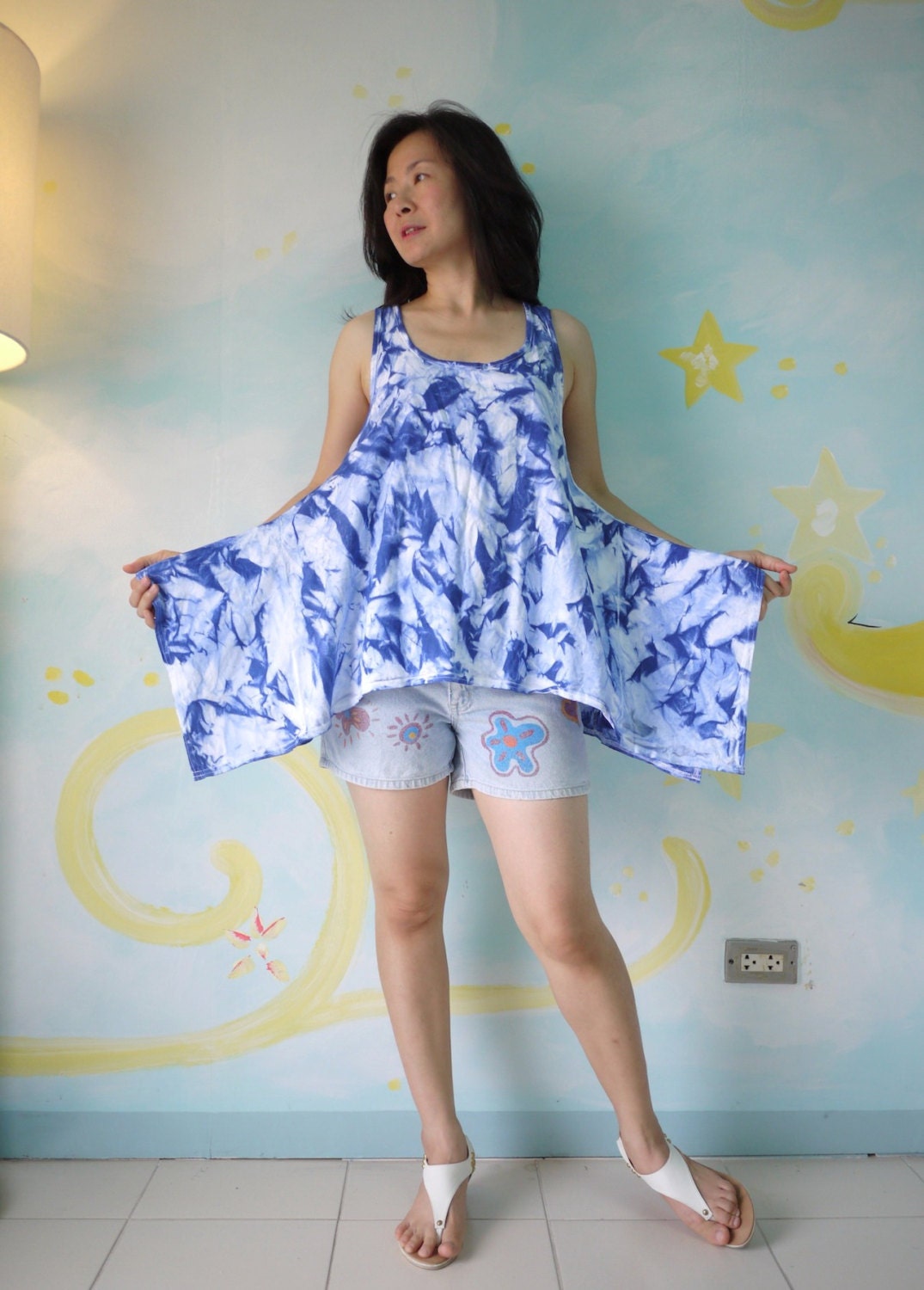 Sleeveless Tie Dyed  Blue Stretch Cotton Women Tanktop