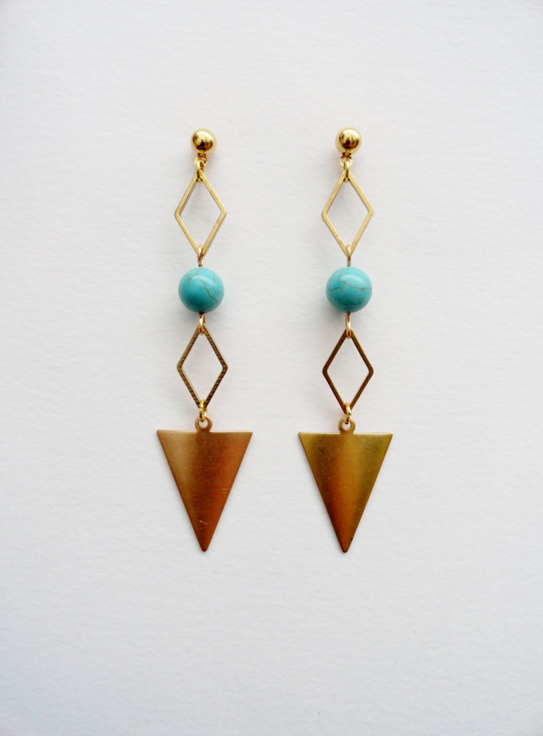 30% OFF COUPON SALE - Long Brass Angular Earrings with Turquoise Bead