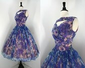 Vintage 50s Dress Chiffon Party Full Skirt Shelf Bust Aysmmetrical Swagged Blue Floral Pink Taffeta 1950s Dresses