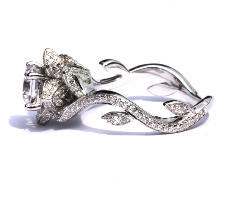 BLOOMING Work Of Art - Flower Rose Lotus Diamond Engagement or Right Hand Ring - 1.60 carat - 14K white gold - fL07