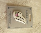 Ceramic Letter N Initial Pin Brooch Vintage 1980s with Pink Flower