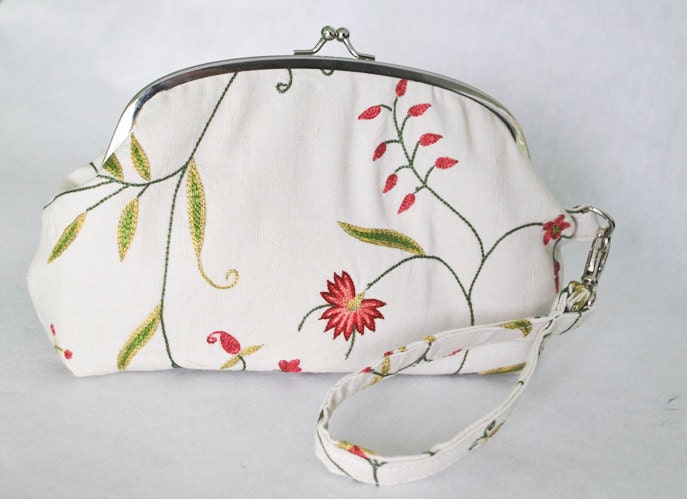 Deluxe Mindy Clutch - Large - Embroidered Flower and Vines with Raspberry Lining