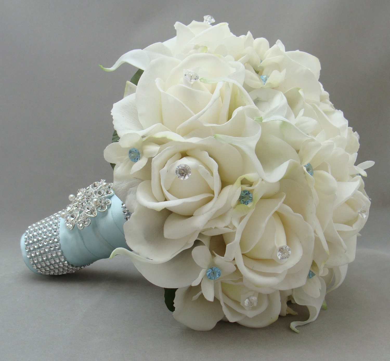 Blue Wedding Flower Bridal Bouquet Stephanotis Real Touch Roses Calla Lilies Groom's Boutonniere Real Touch Custom Wedding Bouquet