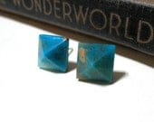 Blue Peruvian Opal Pyramid Post Earrings - Stud - Turquoise - Aqua - Genuine - Silver Plated - Square - Gemstone
