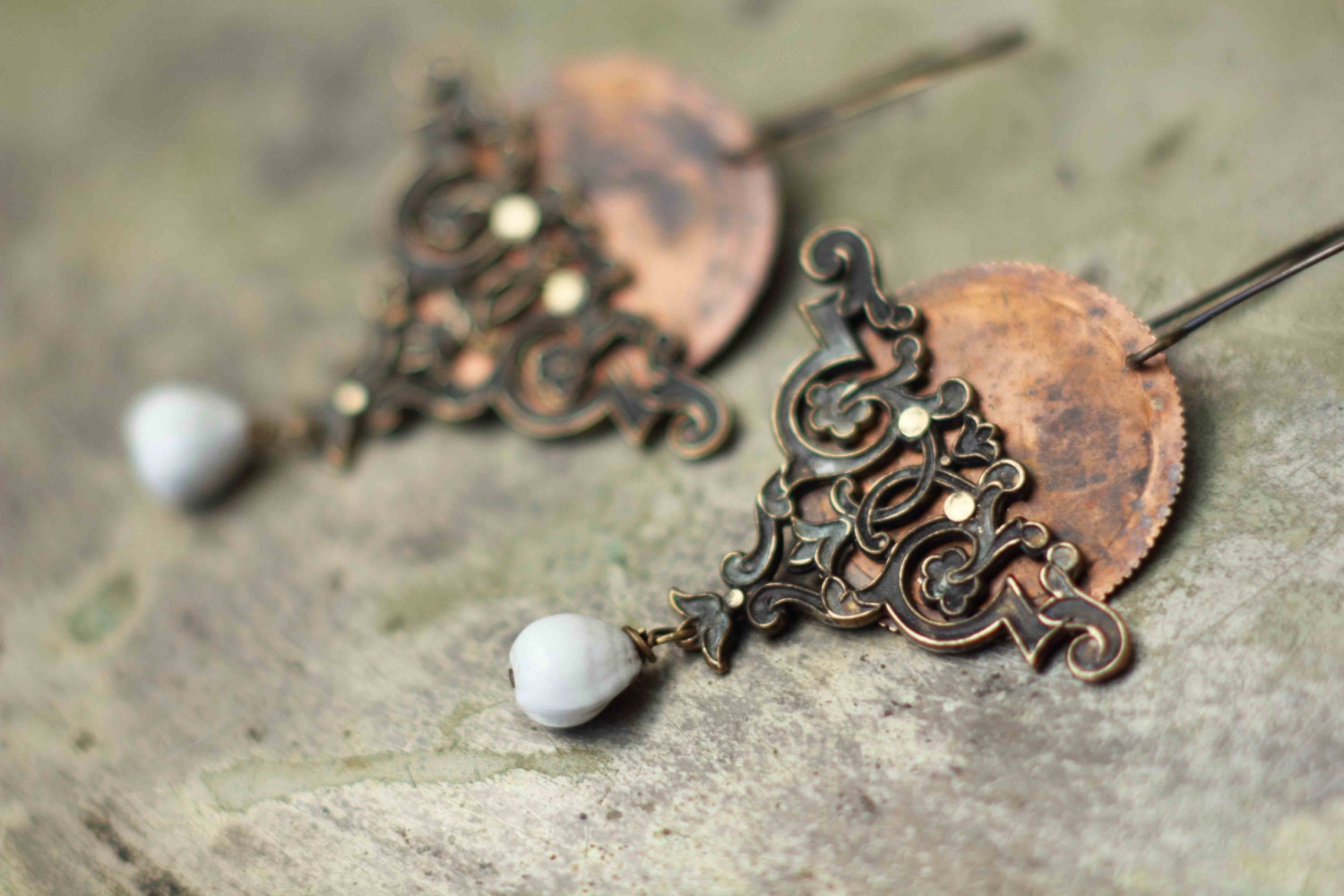 Sunset earrings copper earrings fancy antique filigree rustic copper disc natural seed vintage assemblage boho