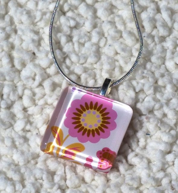 Large Hot Pink Flower with Small Pink Flower  Scrabble Tile Glass Pendant, Hot Pink Flower Pendant, Spring Pendant