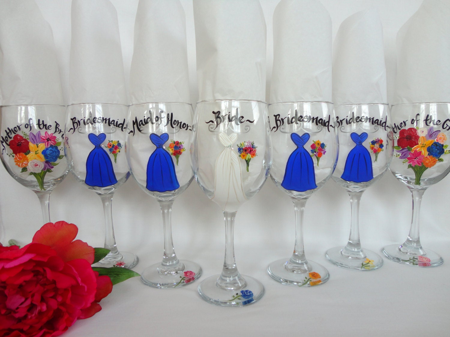THE ORIGINAL Personalized Hand Painted Bridesmaid Dress White WIne Glasses -  Gift Wrapping Available