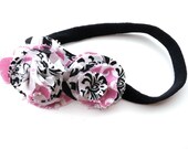 SALE Baby Headband for Spring Summer - Pink Black White Toile - Fabric Flower Ruffle infant Hair Band
