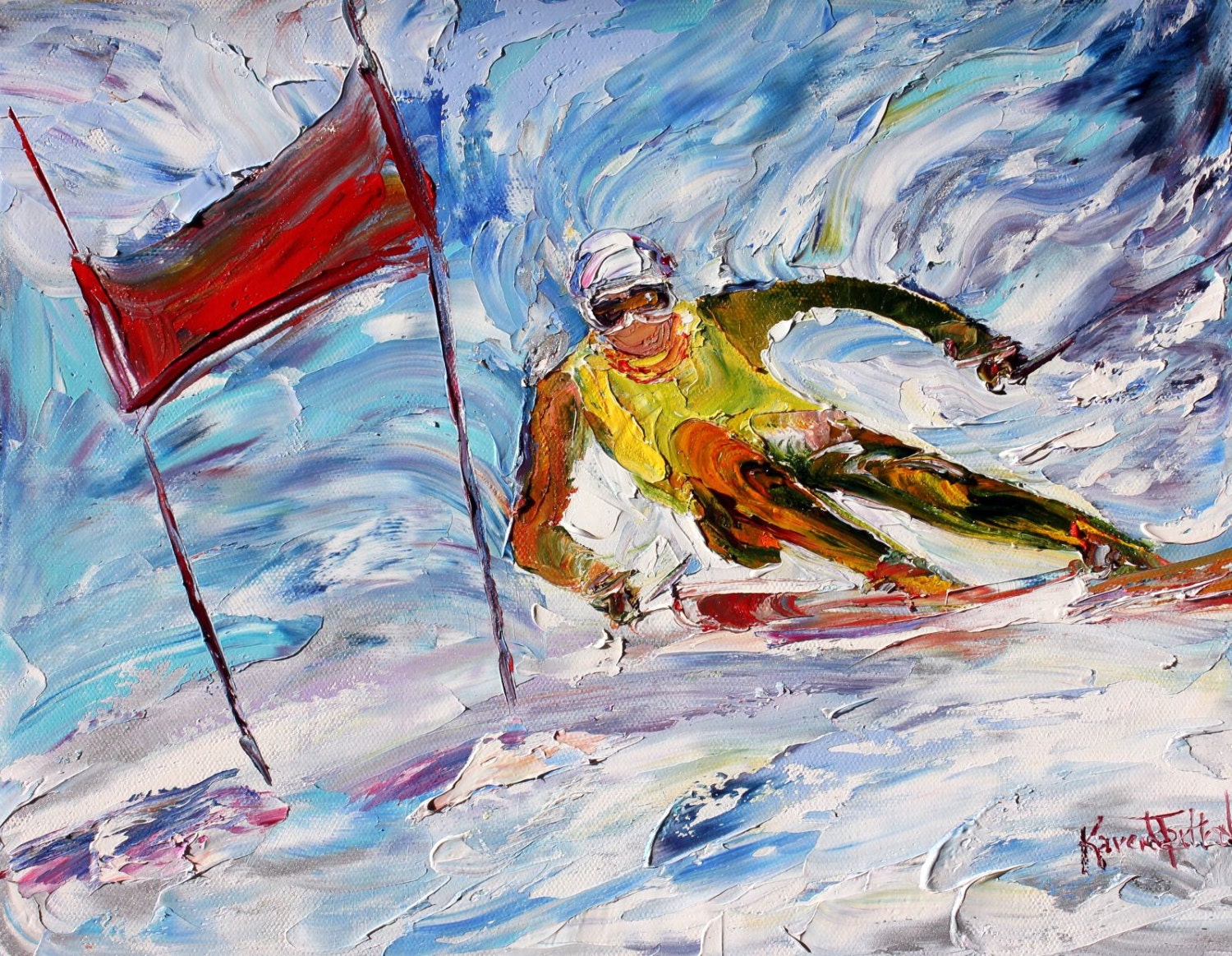 Original Winter Snow Ski Racer PALETTE KNIFE oil painting Abstract fine art modern impressionism by Karen Tarlton