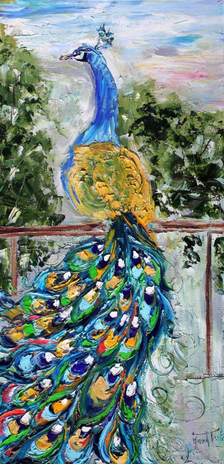 Original oil Peacock Bird palette knife painting impasto on canvas impressionism fine art by Karen Tarlton