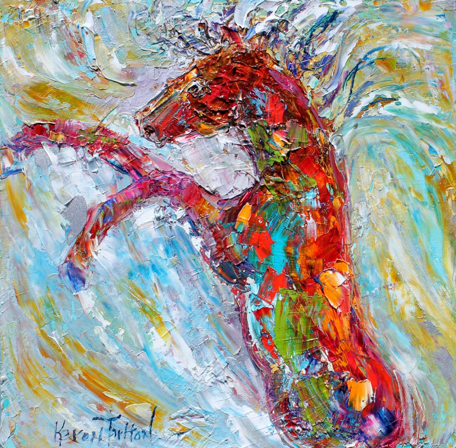 Original Horse equine painting palette knife oil impasto fine art impressionism by Karen Tarlton