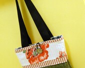 Red Stripes, Floral and Greens Tote Bag Purse: made from a recycled sweater and tablecloth.