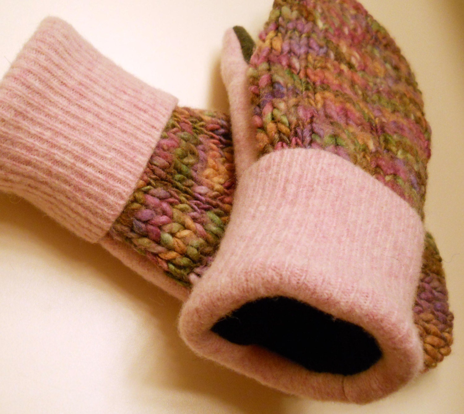 Pink Confetti felted wool mittens: warm, recycled wool lined with soft fleece.  Ladies M