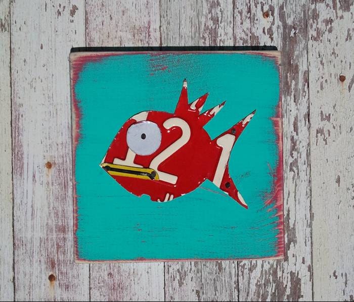 Funky Red Fish on Aqua Turquoise Blue Yellow Sea Nautical Beach Nursery Boy Toddler Animal Custom License Plate Art Recycled States