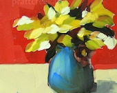 flowers in blue vase original still life flower painting by moulton 6 x 6 inches prattcreekart