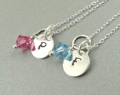 Initial Charm Necklace, Birthstone Charm Necklace, Hand Stamped Initial Charm