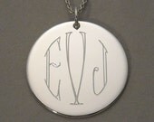 Circle monogram engraved monogram necklace triple initial pendant sterling silver 7/8 inch round disc charm- UDLCIR