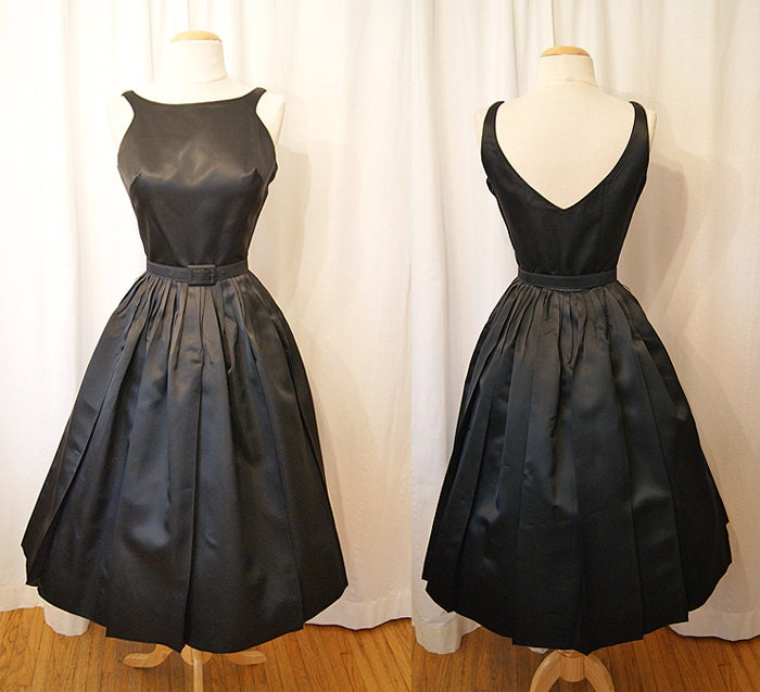 Gorgeous 1950's / 1960's black satin new look party dress vlv bombshell chic - size XS to Small