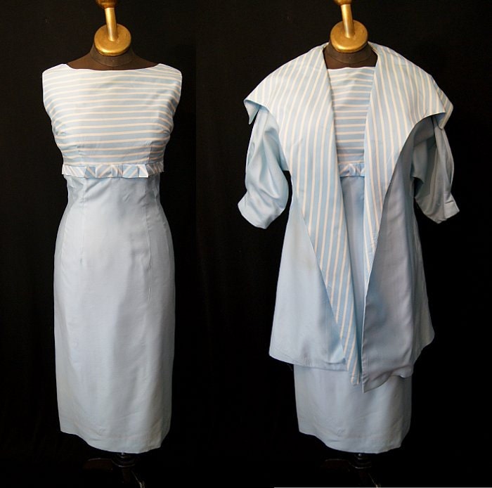 Chic 1950's designer Lilli Diamond 2 piece robin's egg blue silk wiggle cocktail dress with matching coat vlv rockabilly - size Medium