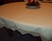 Vtg Ivory-Creme Tablecloth, Scalloped Lace Border, Shabby Cottage , 48 x 65