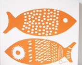 Orange Fish Framed Art, Stretched Cotton Bark Cloth on Wooden Frame, Silk Screen Print