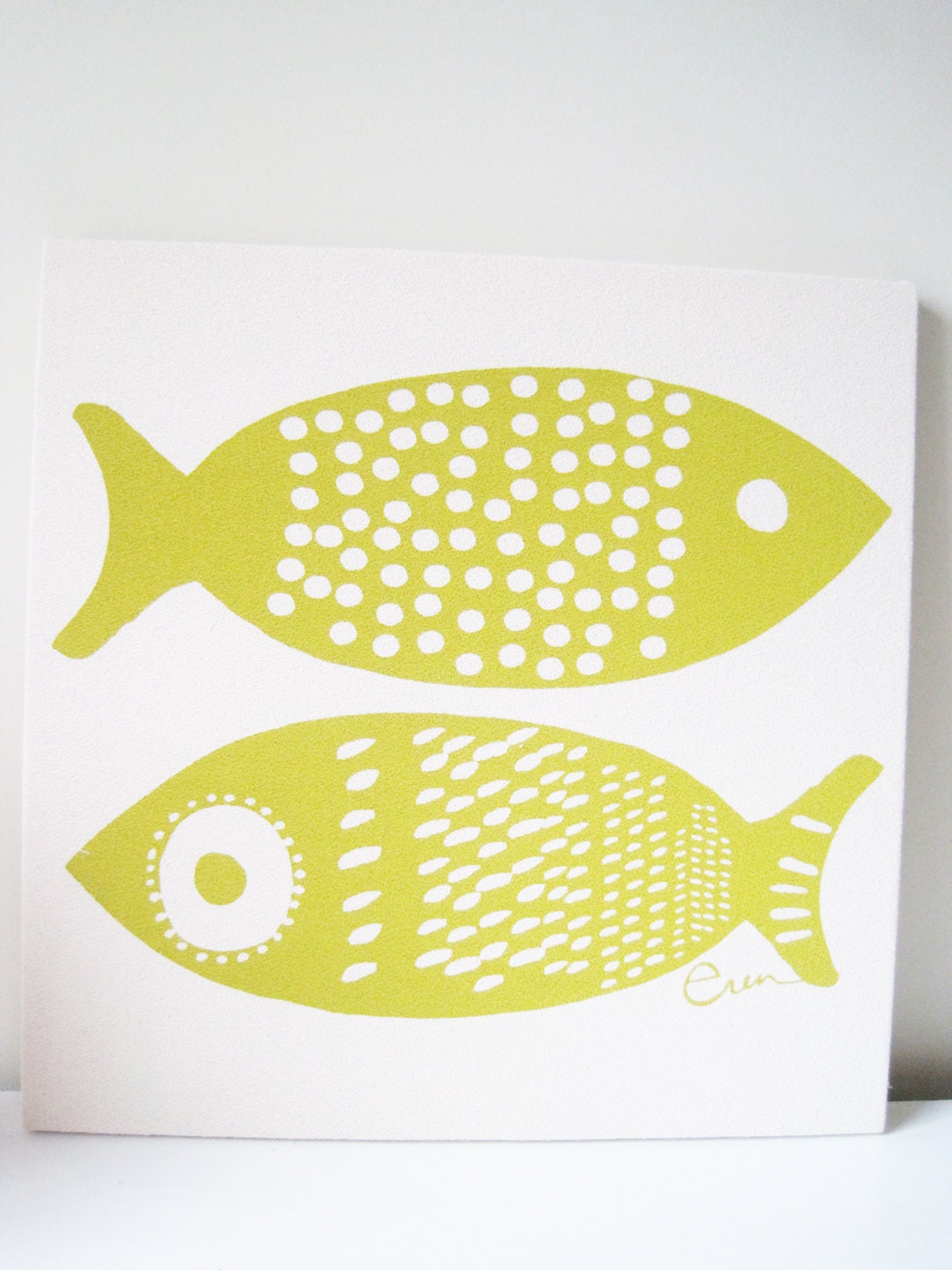 Yellow Fish Framed Art, Stretched Cotton Bark Cloth on Wooden Frame, Silk Screen Print