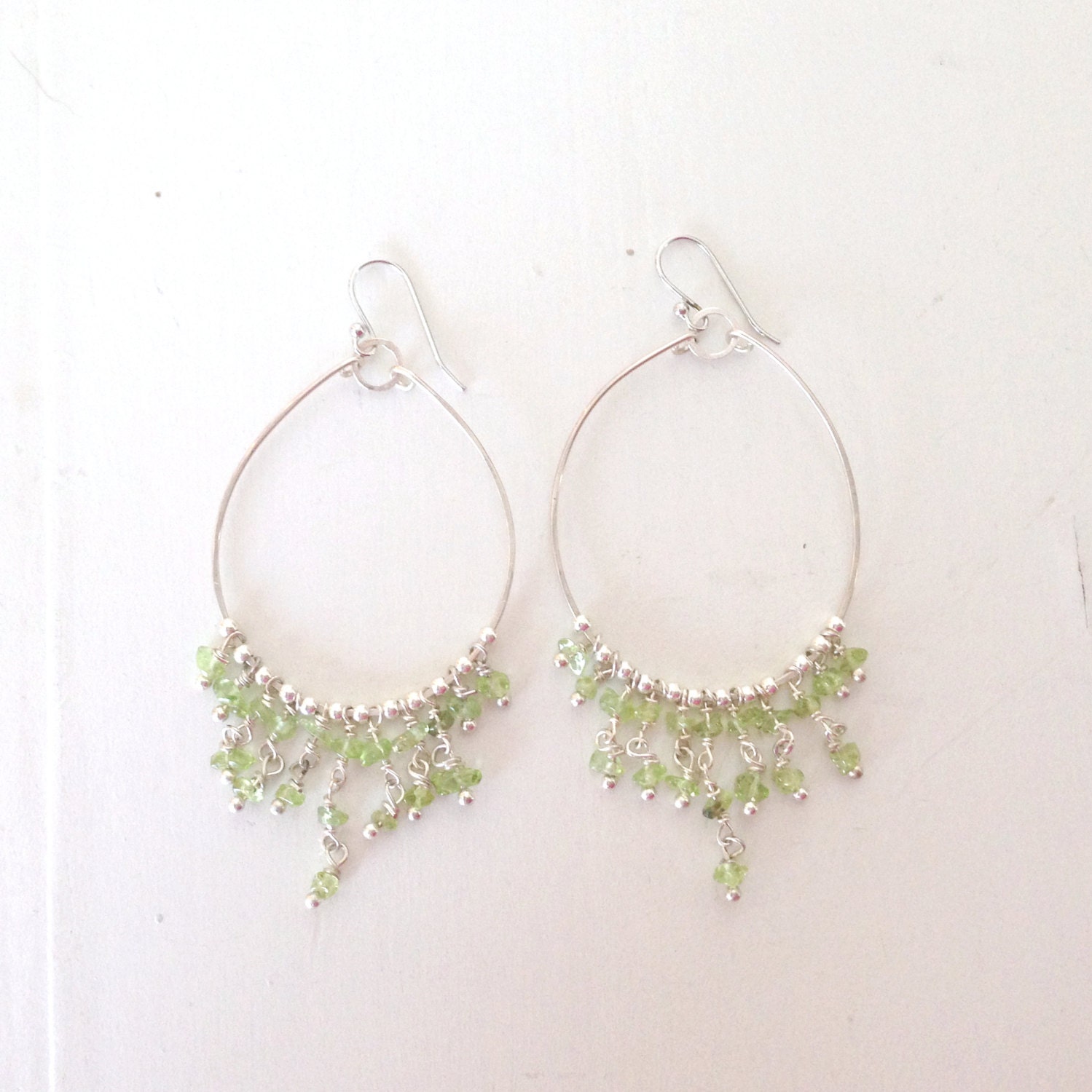 green olive evergreen peridot sterling silver large hoops - balsam pine chandelier hoop earrings