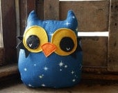 owl pillow, stuffed owl plush, owl decor, owl toy, night sky, stars, lunar