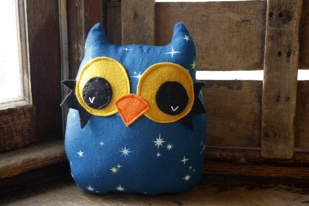 owl pillow, stuffed owl plush, owl decor, owl toy, night sky, stars, lunar