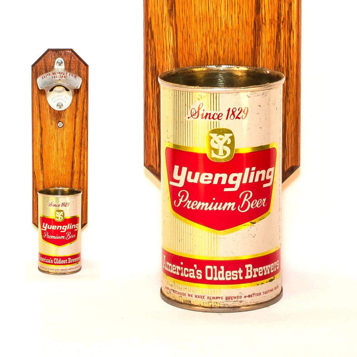 Yuengling & Son Wall Mounted Bottle Opener with Vintage Beer Can Cap Catcher