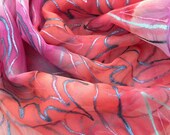 Passionate red silk chiffon scarf with magic patterns, hand painted silk art. Free shipping worldwide