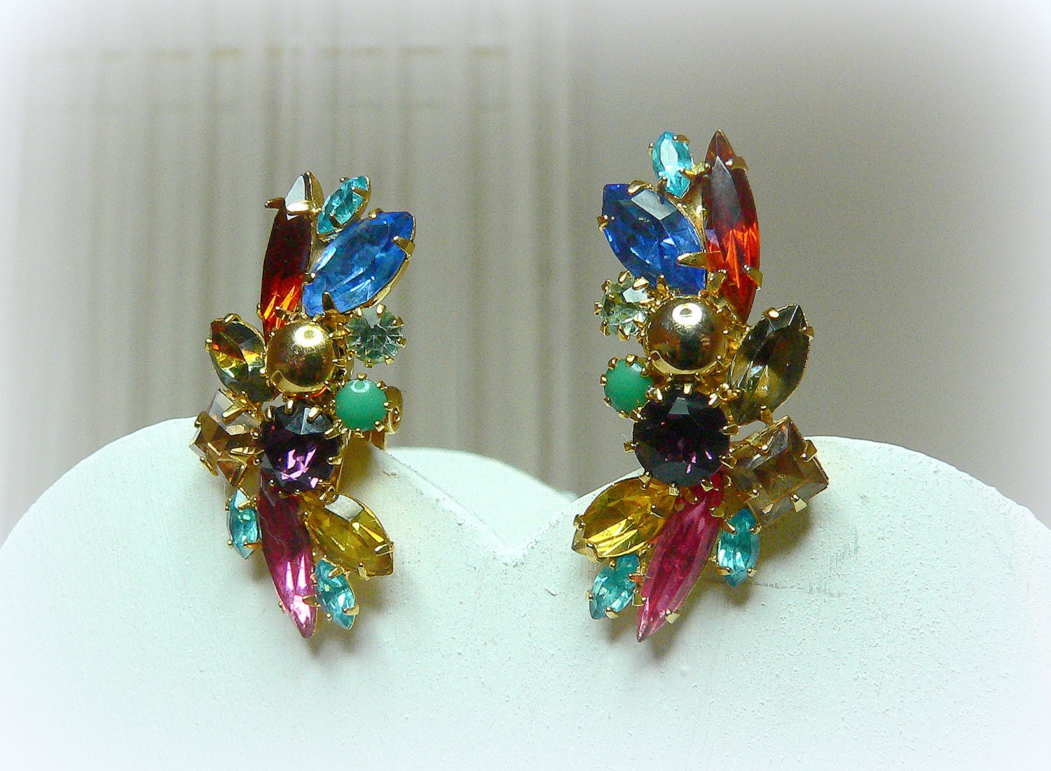 Vintage Multicolor Rhinestone Clip Earrings,Gold plated Clip on earrings