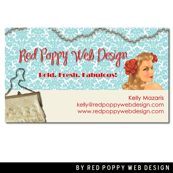 Premade Business Card Design, Digital Business Cards, Vintage Damask Aqua Pinup, Print at Home or Online Business Card Template