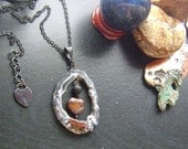 Agate Geode Slice Framed Gemstone Heart Necklace-Black, Deep Red Tigers Eye on Blackened Brass