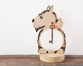 Vintage Primitive Wooden Dog Key Holder - Hand Painted White Scotty Dog with Pink Bow