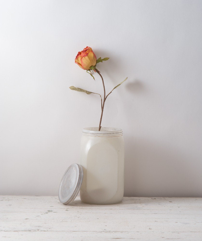 1930's General Store Glass Jar - White Glazed Glass with Tin Lid - Vintage Storage