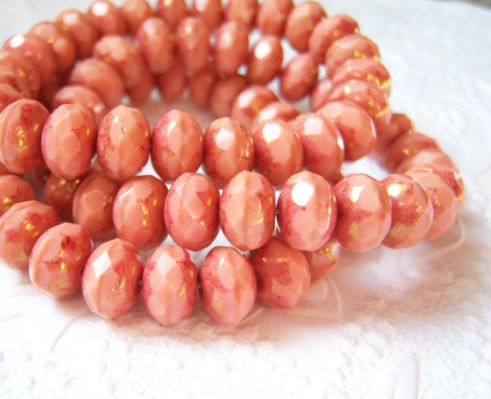 Czech beads, 6x10mm coral pink picasso rondel bead lot of (10) - JH240