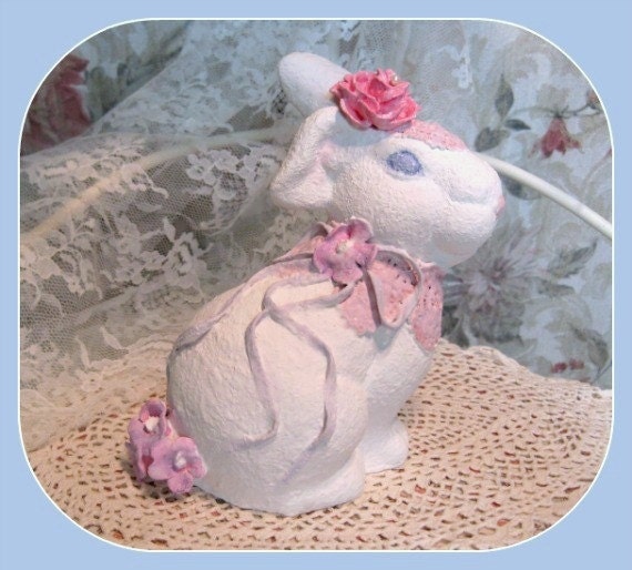 Ceramic Sculpture, Rabbit, Bunny, Bunny Rabbit Easter Animal Sculpture Ceramic Decoration Animal Home Decor Miniature Pink Shabby Chic Cute