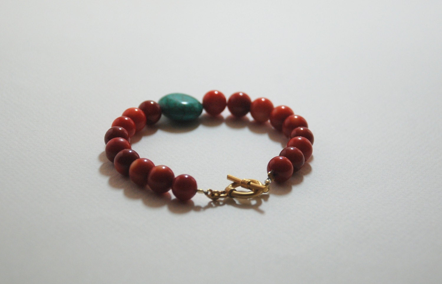 Red Coral Turquoise Gemstone Sterling Silver Gold Plated Lock Bracelet