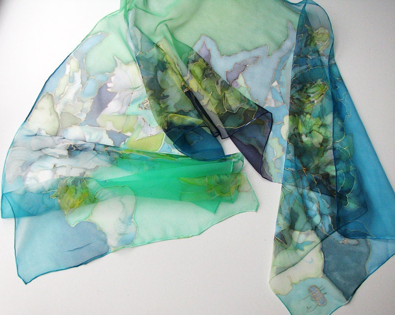 Silk scarf - hand dyed with blue - green  on chiffon silk - hand painted scarves - women accessories 18x72