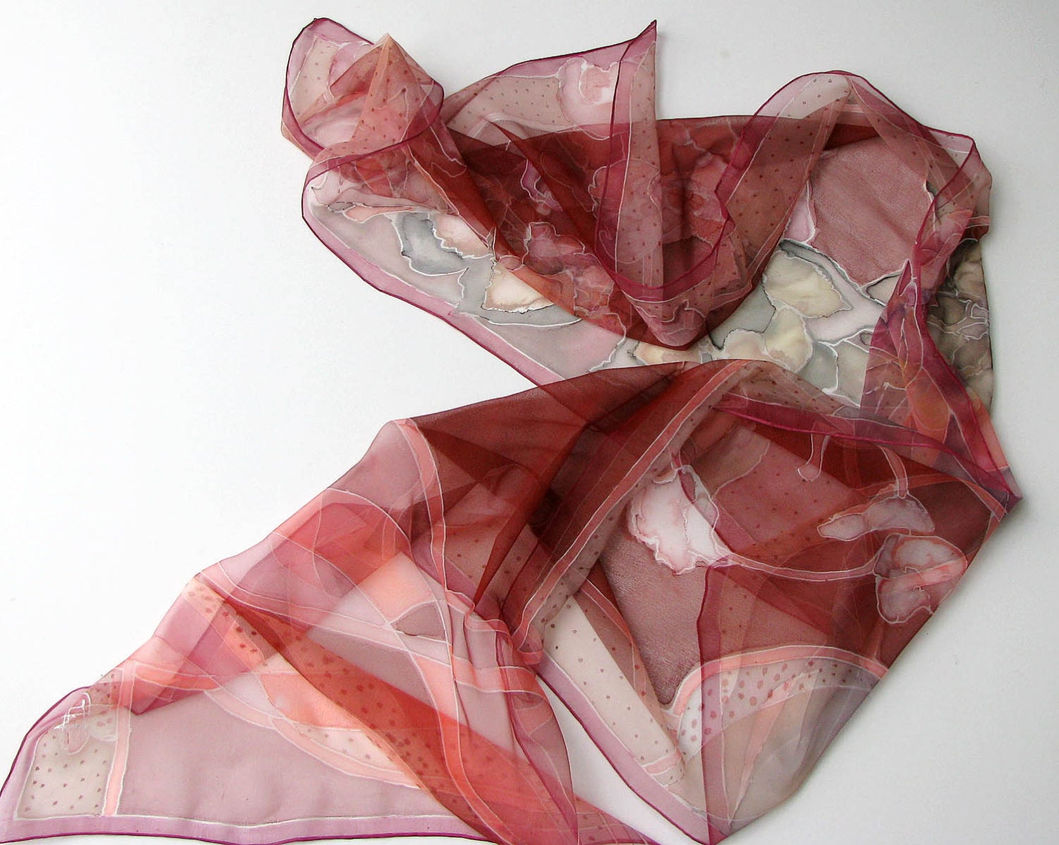 Hand painted silk scarf on chiffon silks - oxblod oses with classic red dots 18x72 inch size