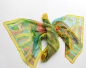 Hand dyed scarf on chiffon silk - hand painted scarves - wearable art painted -yellow lilies with green ornaments - 18x72