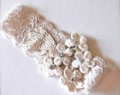 Christening vintage cream lace headband with small rhinestones for baby girls.