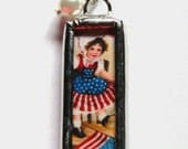 1/2 Inch X 1.5 Inch Soldered Charm Pendant America with Vintage Patriotic Postcard and 30 Inch Ball Chain