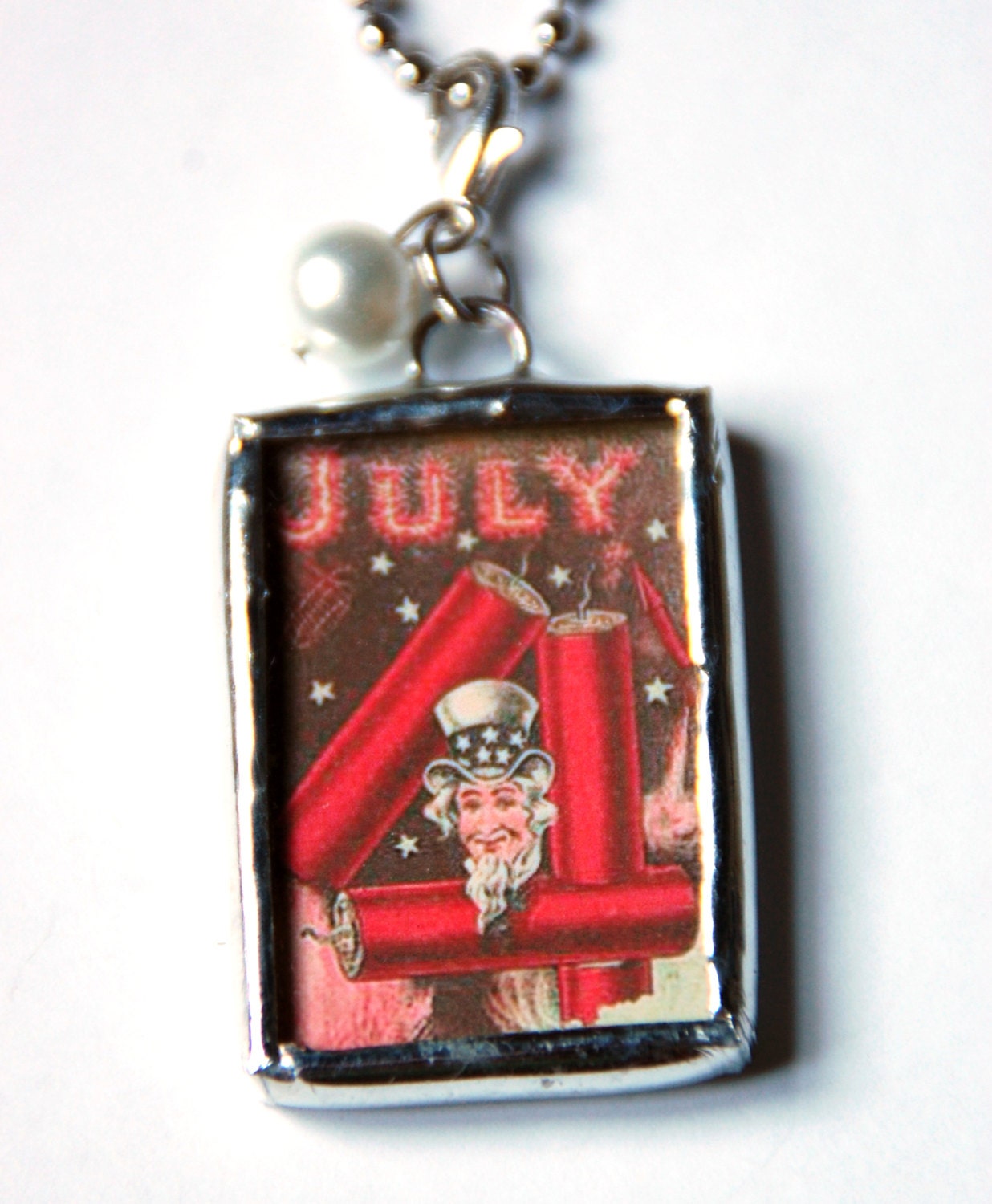 1.5 Inch X 1 Inch Soldered Charm Pendant Vintage Fourth of July Independence Day Image with 30 Inch Ball Chain