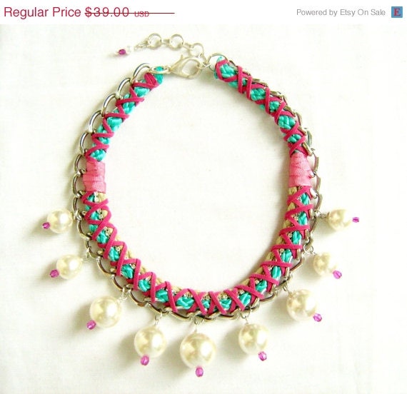 SUMMER SALE Tribal Neon Statement Necklace - Ropes, Swarovski chains Pearl Statement necklace