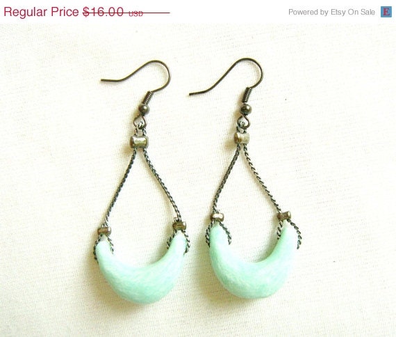 SUMMER SALE Mint Crescent Earrings - Soft Pastel Mint Polymer Clay Handmade Dangle Earrings