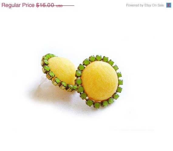 SUMMER SALE Bubble Rhinestone Earrings - Lemon Sorbet Polymer Clay Cabochon Handmade Post Earrings - Simple Everyday Chic