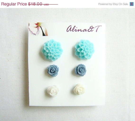 SUMMER SALE Seafoam Pastel Flower Post Earrings, Set of Three, Ocean Tide, blue, grey, white Dahlia and Rose stud earrings